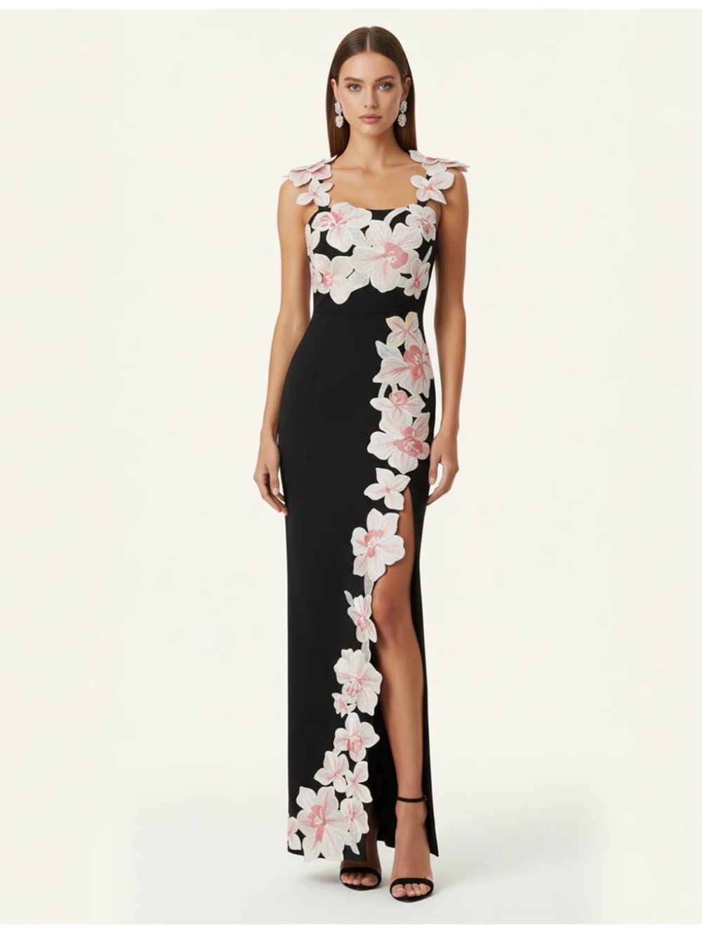 BNWT: JW PEI Black Maxi Dress with Pink and White Floral Appliqués